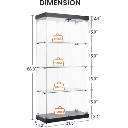 4-Tier Glass Display Cabinet, Double Door Glass Cabinet, Four Partitions, Two Locks, Floor Standing Storage Cabinet for Living Room, Bedroom, Showroom and Office, Black, 31.5"L x 14.2"W x 66.3"H