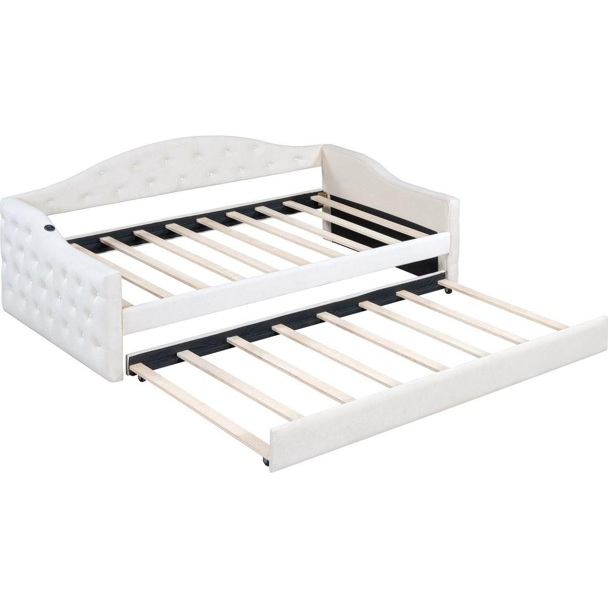 Twin Size Tufted Upholstered Daybed with Trundle, Velvet Sofabed with USB&Type-C Charging Ports,No Box-spring Needed, Beige