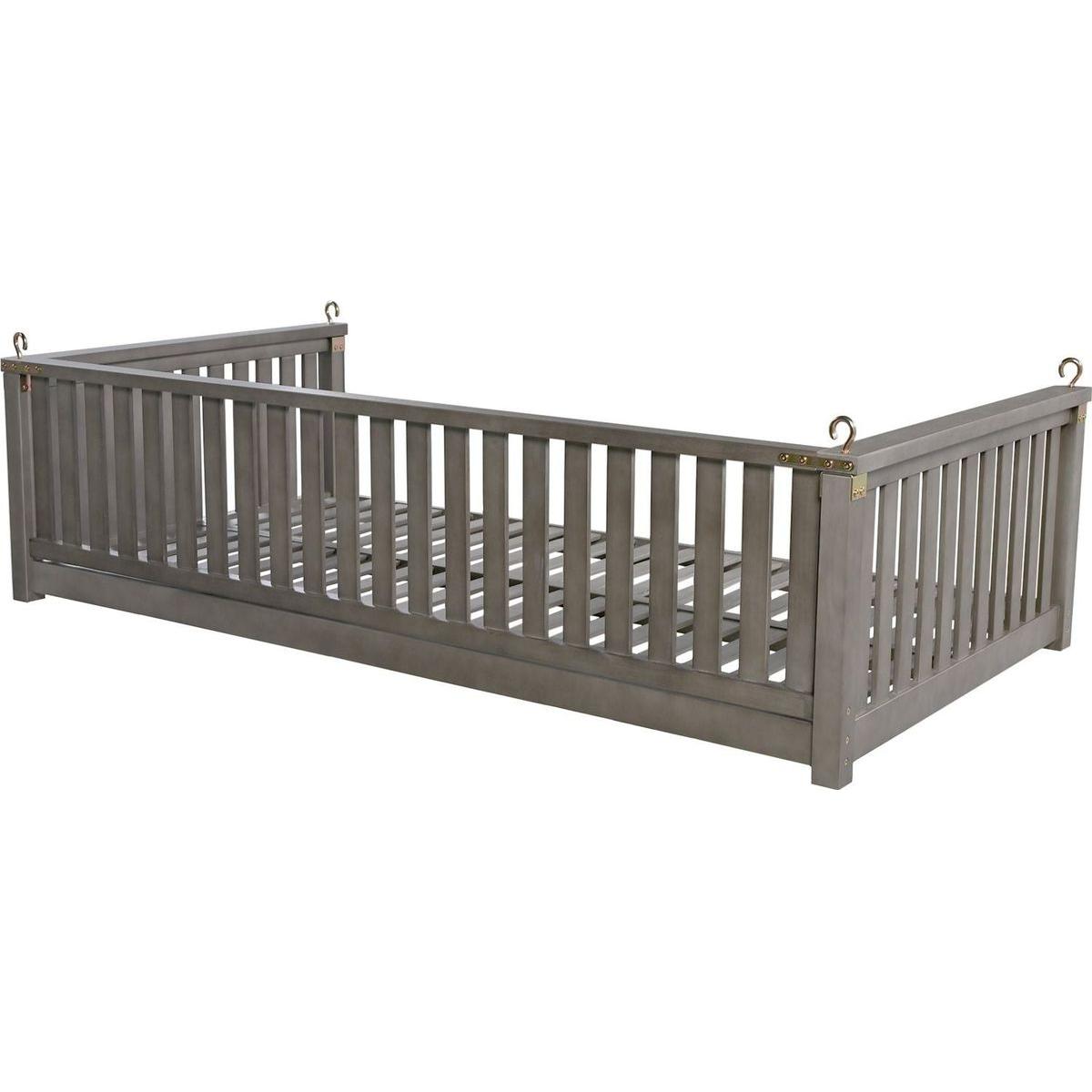 Patio Minimalist Twin Size Garden Swing Bed Wood Porch Swing with Ropes for Backyard, Safe Sloped Design, Gray