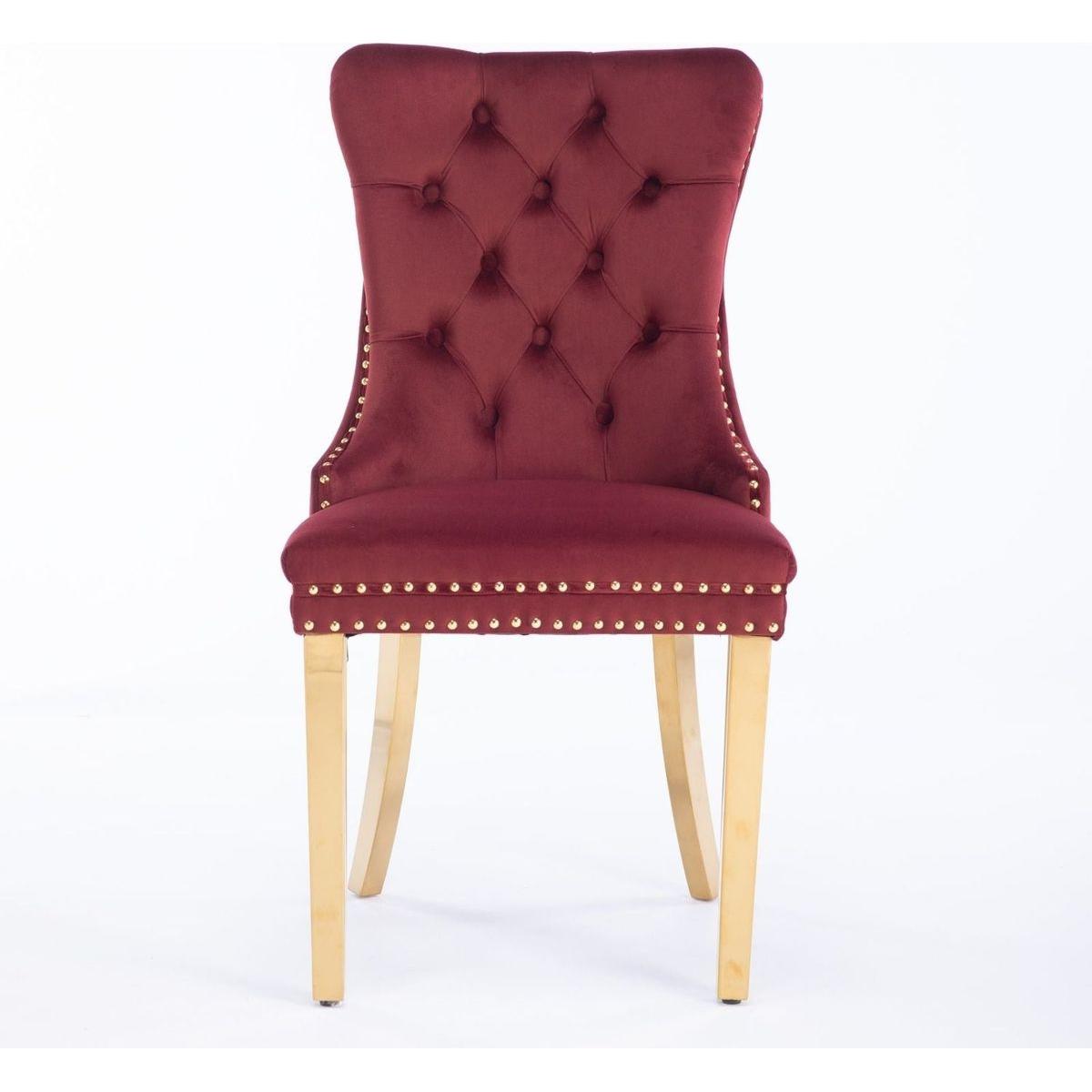 Nikki Collection Modern, High-end Tufted Solid Wood Contemporary Velvet Upholstered Dining Chair with Golden Stainless Steel Plating Legs,Nailhead Trim,Set of 2,Wine Red and Gold, SW1601WR,Burgundy