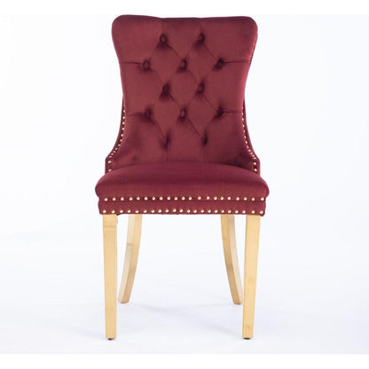 Nikki Collection Modern, High-end Tufted Solid Wood Contemporary Velvet Upholstered Dining Chair with Golden Stainless Steel Plating Legs,Nailhead Trim,Set of 2,Wine Red and Gold, SW1601WR,Burgundy