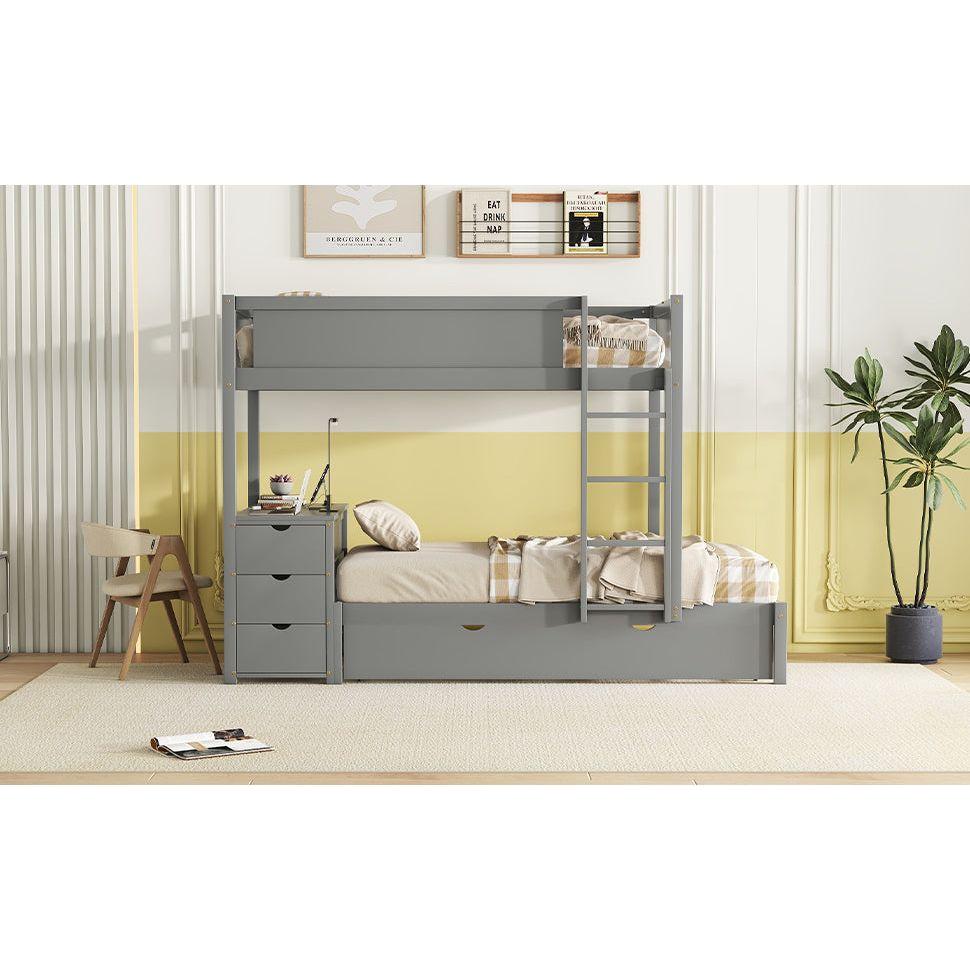 Twin-Over-Twin Bunk Bed with Twin size Trundle, Storage and Desk, Gray