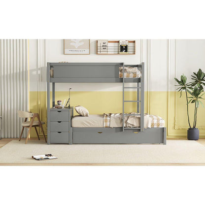 Twin-Over-Twin Bunk Bed with Twin size Trundle, Storage and Desk, Gray