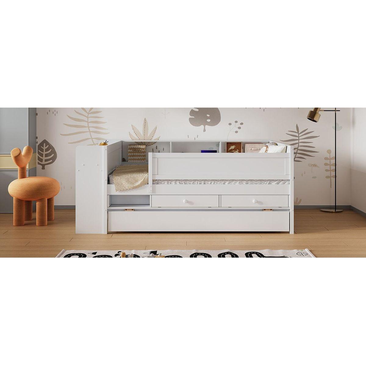 Multi-Functional Twin Daybed with Drawers and Trundle, Headboard Storage and Tables, USB Charging Station, White