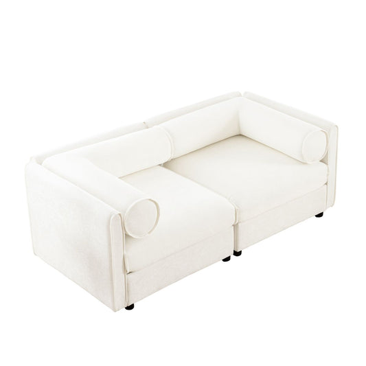 Stylish White Chenille 2-Seater Sofa with Storage Seat and Cylindrical Backrest