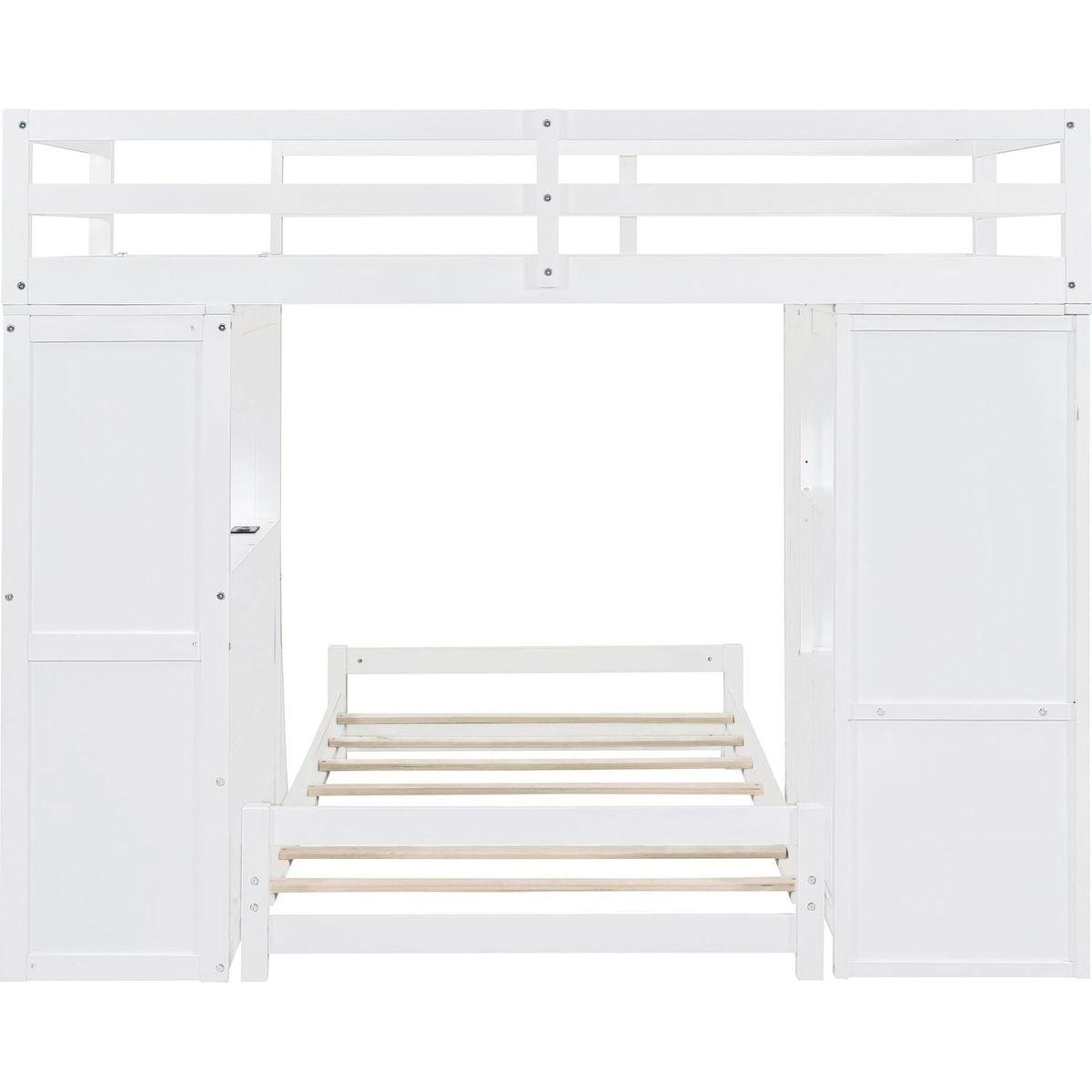 Twin over Twin Bunk Bed with LED Light and USB Ports, White
