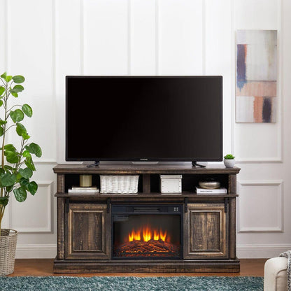 Modern Entertainment Console TV Stand with 23" Fireplace Insert, Multipurpose Sliding Door TV Cabinet Large Storage Space, 58.11"Wx15.79"Dx32.36"H Antique brown
