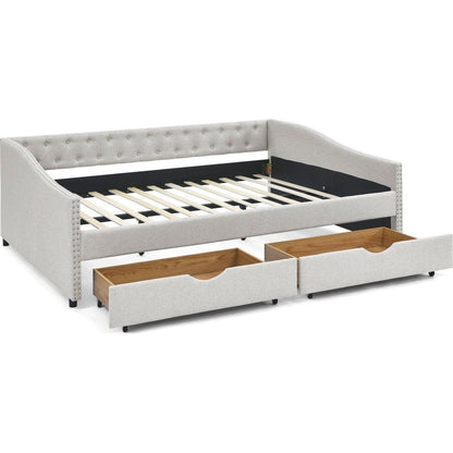 Queen Size Daybed with Drawers Upholstered Tufted Sofa Bed,,with Button on Back and Copper Nail on Waved Shape Arms, Beige (84.5"x63.5"x26.5")