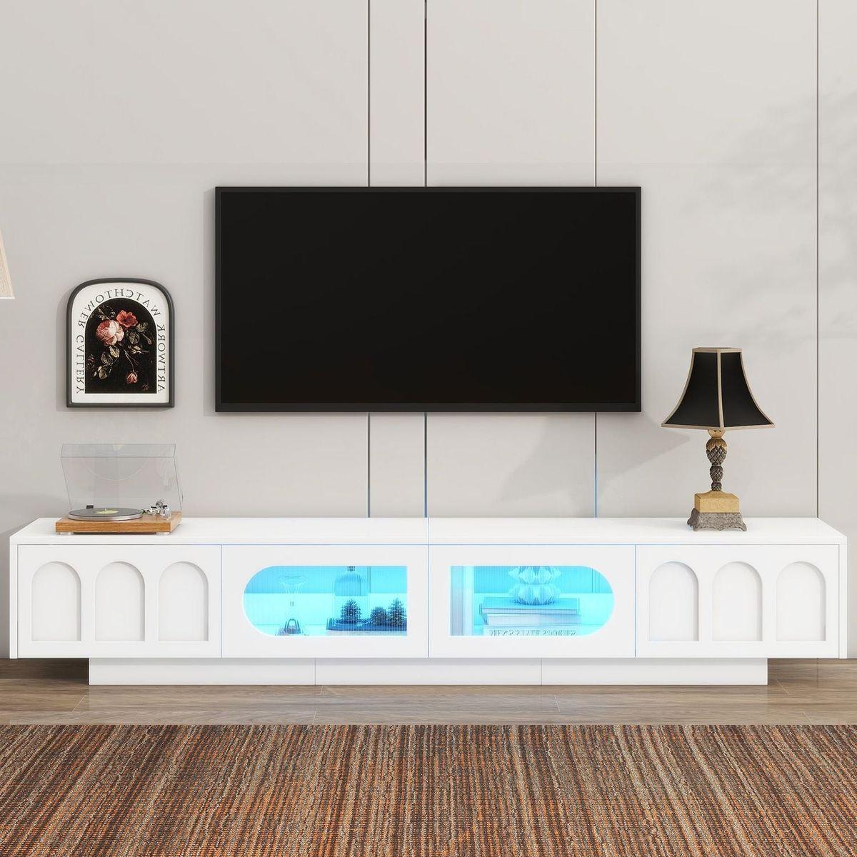 TV Stand with Fluted tempered Glass Doors for TVs Up to 95", Functional Media Console with Arched Cabinet Doors, Entertainment Center with APP-Controlled LED Light for Living Room, White