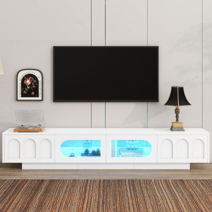 TV Stand with Fluted tempered Glass Doors for TVs Up to 95", Functional Media Console with Arched Cabinet Doors, Entertainment Center with APP-Controlled LED Light for Living Room, White