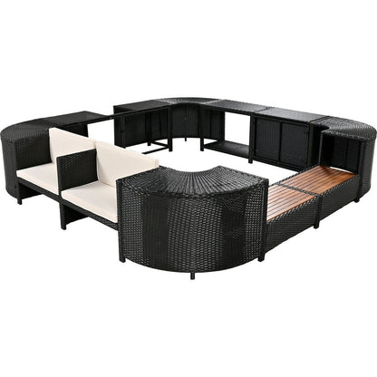 Spa Surround Spa Frame Quadrilateral Outdoor Rattan Sectional Sofa Set with Mini Sofa,Wooden Seats and Storage Spaces, Beige