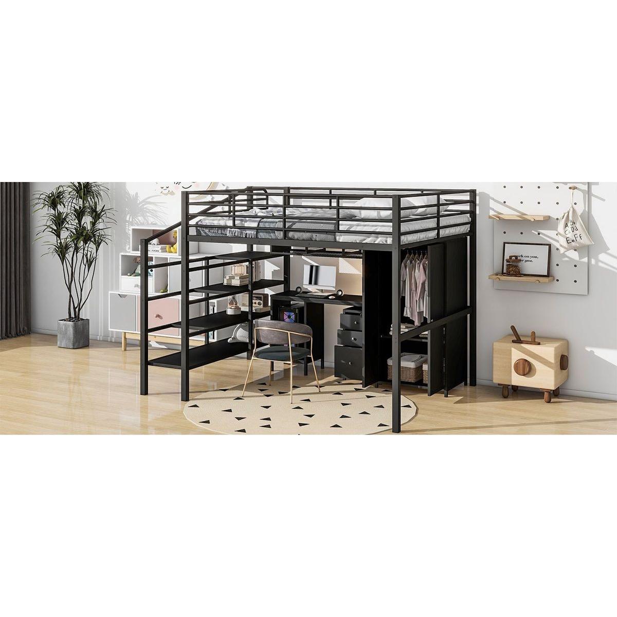 Metal Loft Bed With table set and wardrobe, Full, Black