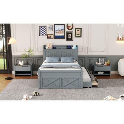 Full Size Wooden Bed with Storage Headboard with Outlets, Extendable Bed with Twin Size Trundle with Three Storage Drawers,Gray
