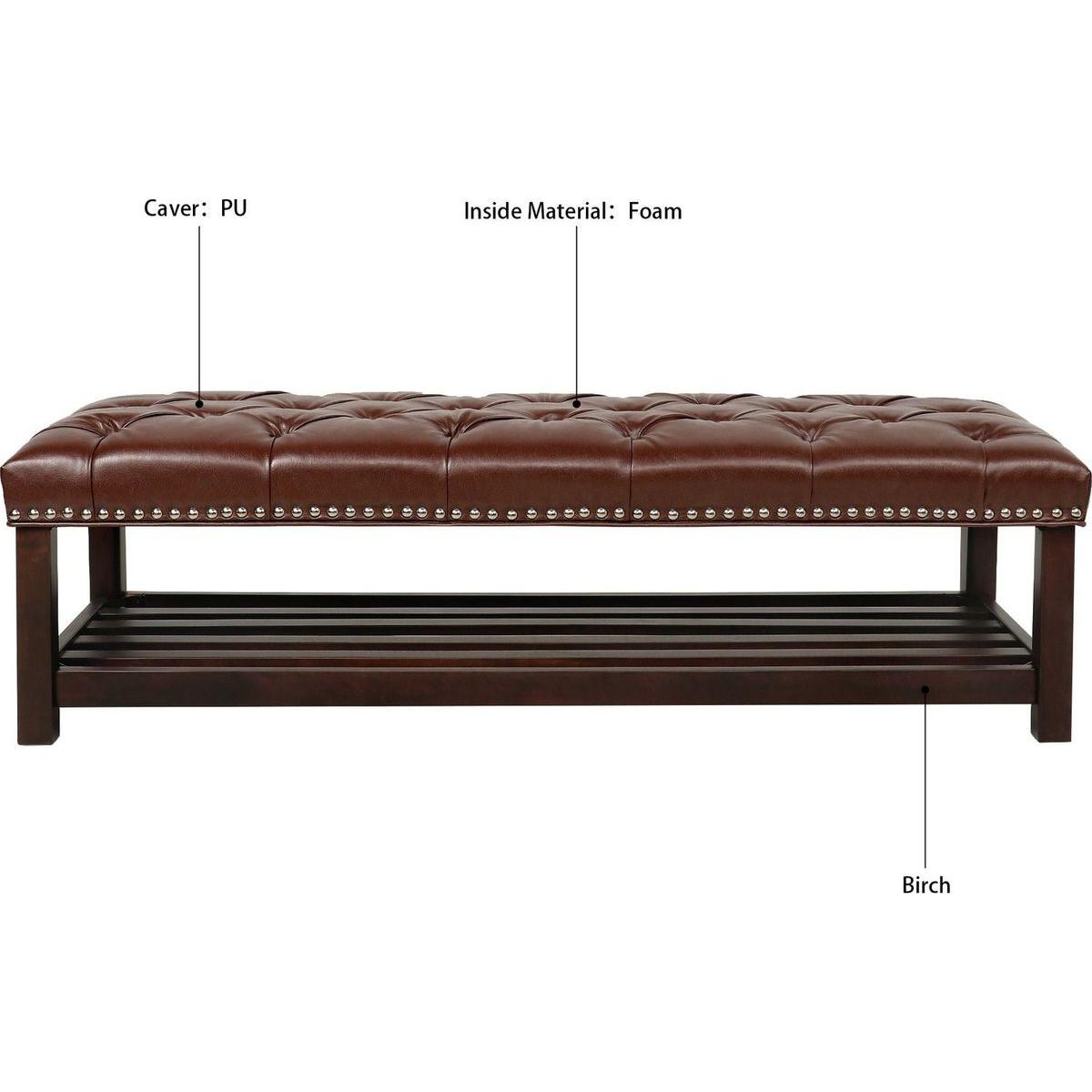 Bedroom End of Bed Bench Tufted Upholstered End of Bed Bench End of Bed Entrance Shoe Bench, 60" with Nailhead Trim and Shelf Bedroom Upholstered Leather Bench Living Room Shoe Rack Footstool (brown)