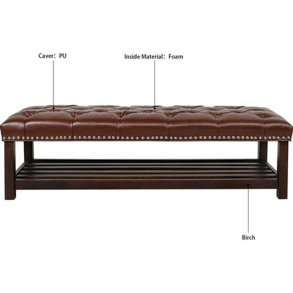 Bedroom End of Bed Bench Tufted Upholstered End of Bed Bench End of Bed Entrance Shoe Bench, 60" with Nailhead Trim and Shelf Bedroom Upholstered Leather Bench Living Room Shoe Rack Footstool (brown)