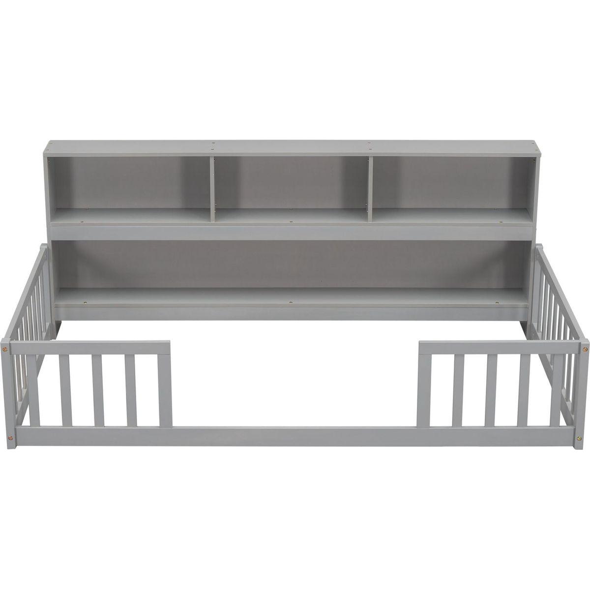 Twin Floor Bed with Bedside Bookcase,Shelves,Guardrails,Grey