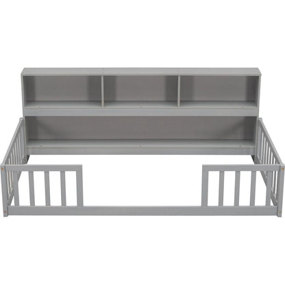 Twin Floor Bed with Bedside Bookcase,Shelves,Guardrails,Grey