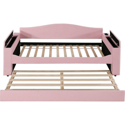 Twin Size Upholstered Daybed with Storage Armrests, Trundle and Latest Integrated Bluetooth Audio System, Teddy Fleece, Pink