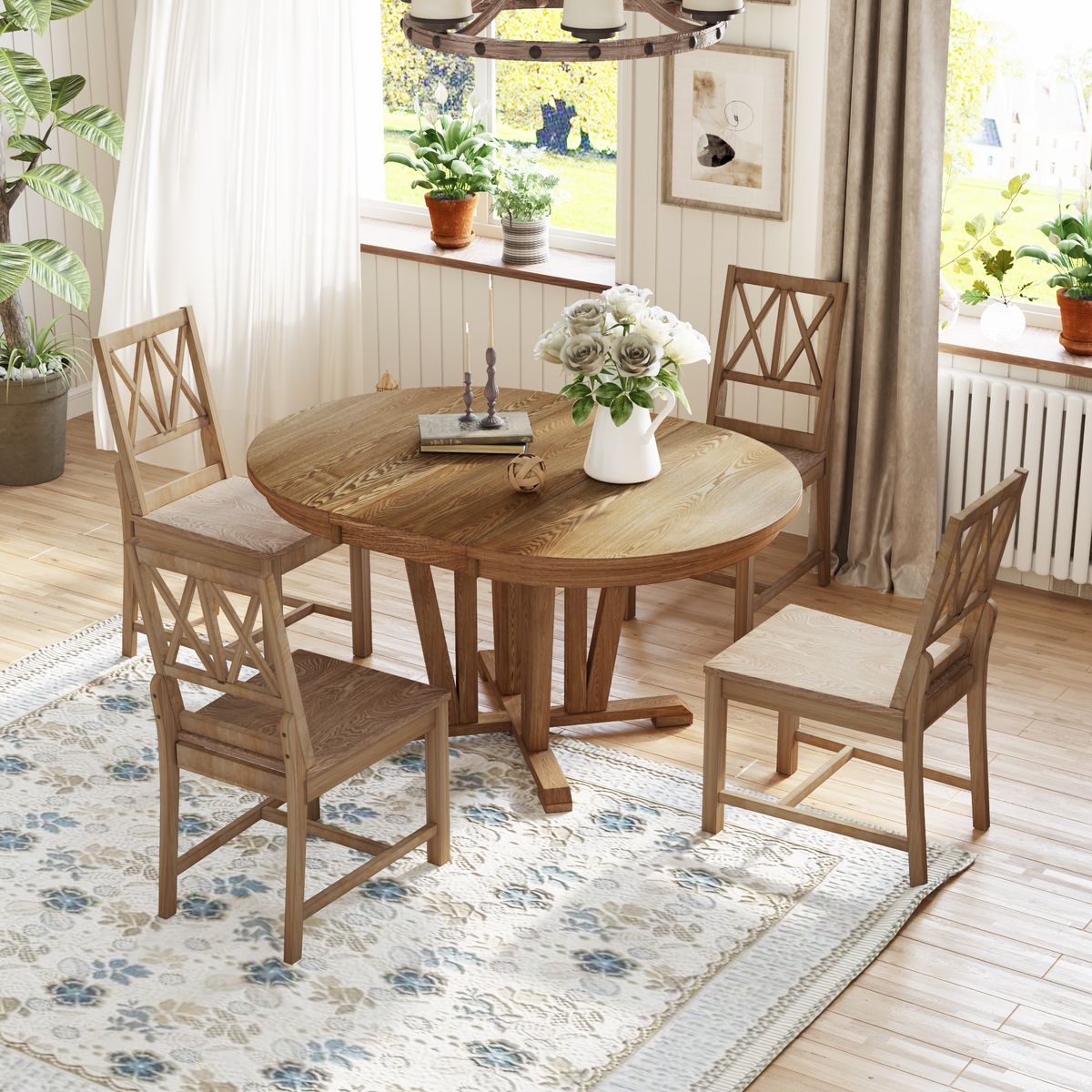 TOPMAX Rustic 5-Piece Extendable Dining Table Set Round Trestle Table and 4 Cross Back Dining Chairs for Kitchen, Dining Room, Brown
