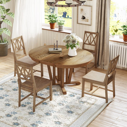 TOPMAX Rustic 5-Piece Extendable Dining Table Set Round Trestle Table and 4 Cross Back Dining Chairs for Kitchen, Dining Room, Brown