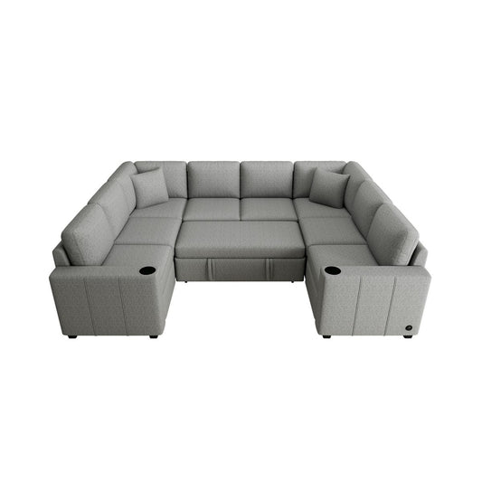 Multi-functional U-shaped Sectional Sofa Convertible Pull-out Bed Gray Chenille 107.1'