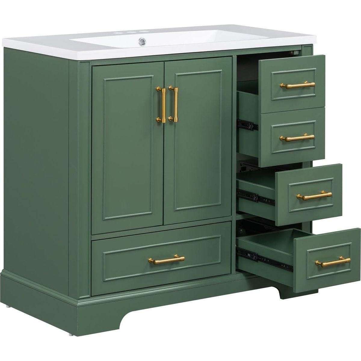 36-inch Traditional Bathroom Vanity with Resin Sink Combo Set, Green Bathroom Cabinet with Two Doors and Four Drawers