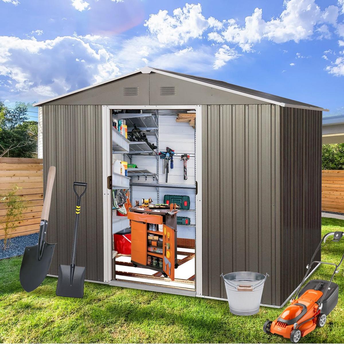 6ft x 8ft Outdoor Metal Storage Shed with Floor Base,Gray(SKU: W540S00012)