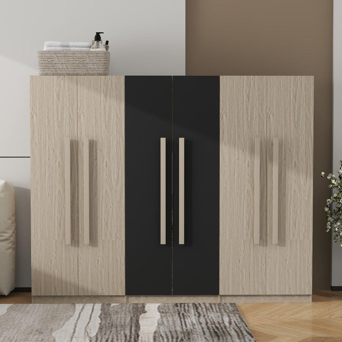 6-Doors Wooden Wardrobe Storage for Bedroom,with 2 Drawers Inside,Black+Nature