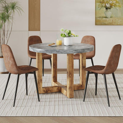 A modern and practical circular dining table. Made of MDF tabletop and wooden MDF table legs. A set of 4 brown cushioned chairs.