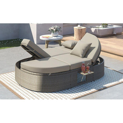 Outdoor Sun Bed Patio 2-Person Daybed with Cushions and Pillows, Rattan Garden Reclining Chaise Lounge with Adjustable Backrests and Foldable Cup Trays for Lawn,Poolside, Gray