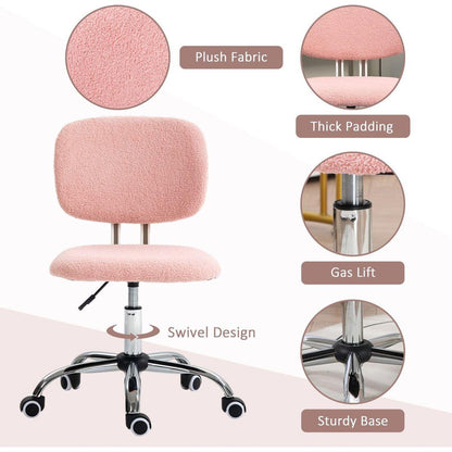 Vinsetto Cute Armless Office Chair, Teddy Fleece Fabric Computer Desk Chair, Vanity Task Chair with Adjustable Height, Swivel Wheels, Mid Back, Pink