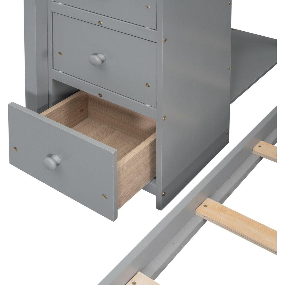 Twin Over Full Bunk Bed with 3-layer Shelves, Drawers and Storage Stairs, Gray