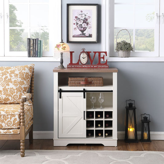 Farmhouse Storage Cabinet with Sliding Barn Door & Wine Shelf, Small Storage Cabinet for, Kitchen, Living Room, Rustic Oak with Antique White