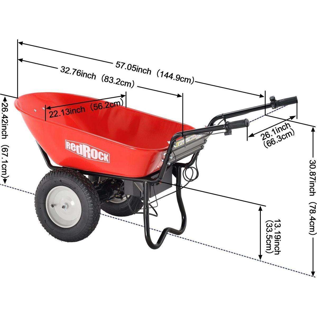 RedRock Wheelbarrow Utility Cart Electric Powered 24V DC 180W AGM Battery 330lbs (150kgs) Max Capacity Barrel Dump Material Debris Hauler