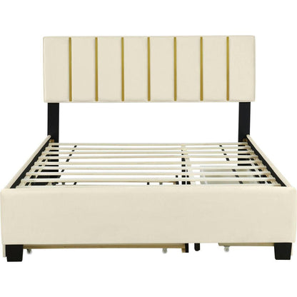 Queen Size Upholstered Platform Bed with 2 Drawers and 1 Trundle, Classic Metal Strip Headboard Design, Beige
