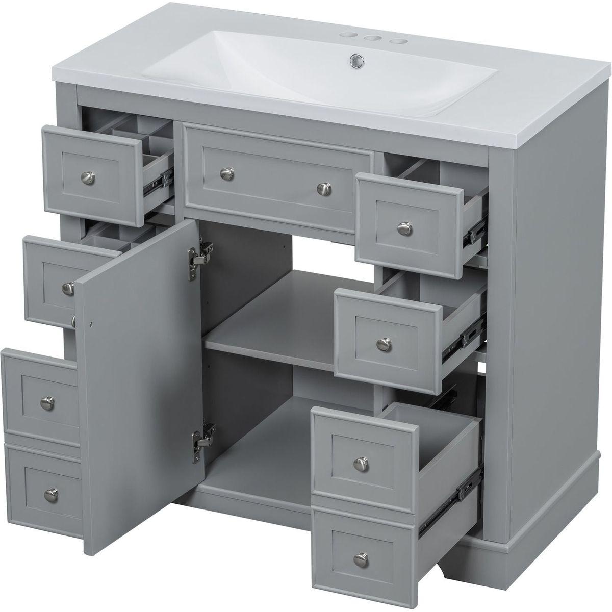 36" Bathroom Vanity with Sink Combo, One Cabinet and Six Drawers, Solid Wood and MDF Board, Grey