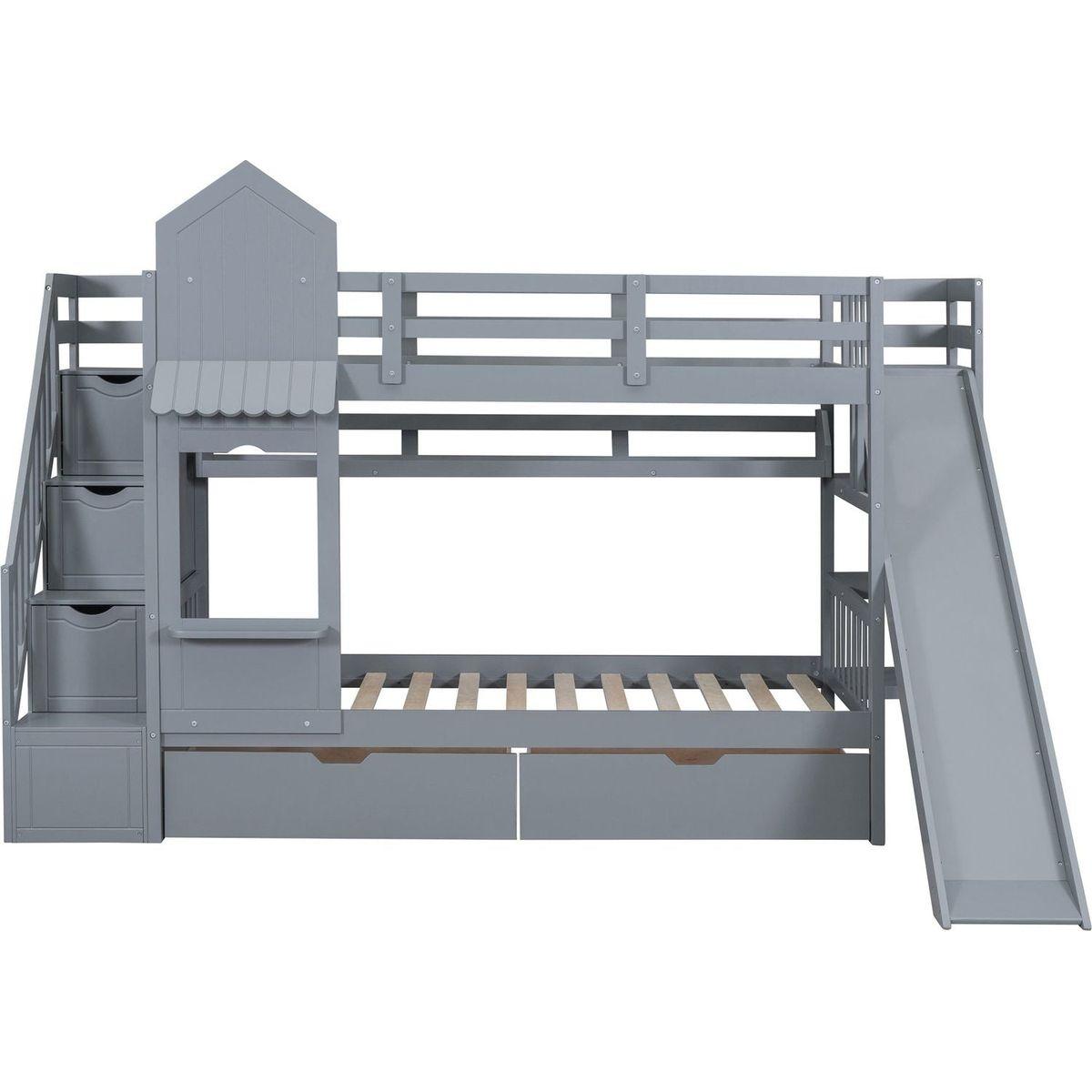 Twin-Over-Twin Castle Style Bunk Bed with 2 Drawers 3 Shelves and Slide - Gray