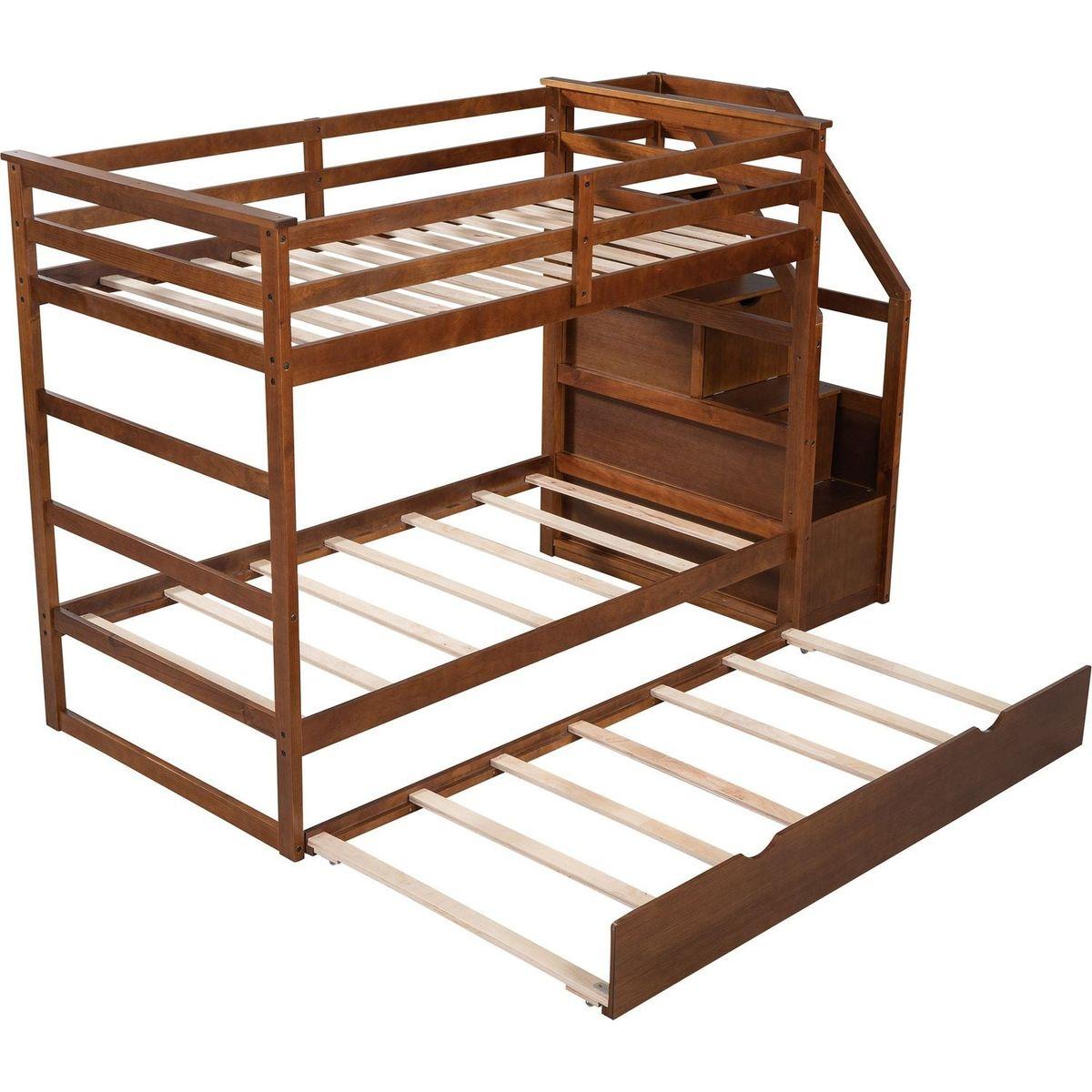 Twin-Over-Twin Bunk Bed with Twin Size Trundle and 3 Storage Stairs,Walnut