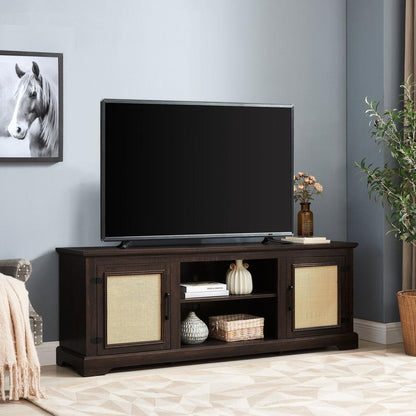 Farmhouse Rattan TV Stand Console Table for TVs up to 70 Inches, TV Console Table with 2 Storage Shelves, 2 Natural Rattan Door Cabinets, 65"Wx15.55"Dx23.86"H, Espresso