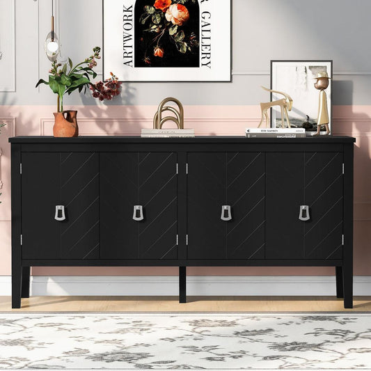 Four-Door Sideboard with Geometric Line Patterns and Vintage Metal Handles for Timeless Elegance,Suitable for Living Rooms, Entrance and Study Rooms