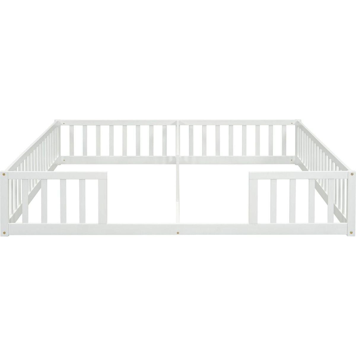 Double Twin Floor Bed with Fence, Guardrails, without door, White