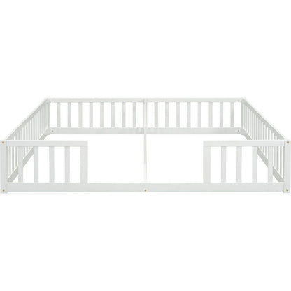 Double Twin Floor Bed with Fence, Guardrails, without door, White