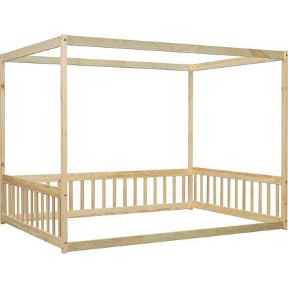 Full Size Canopy Frame Floor Bed with Fence, Guardrails,Natural