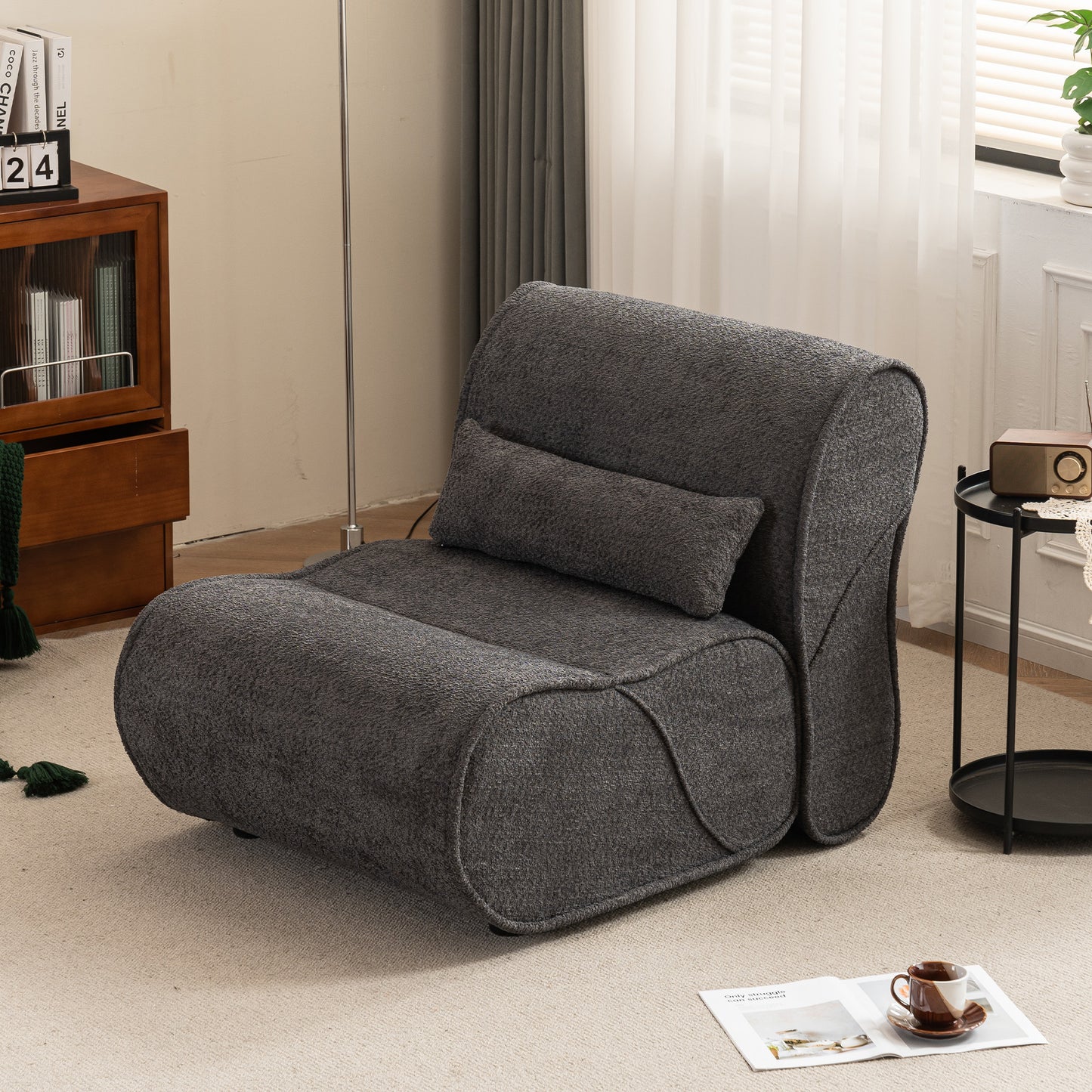 Soft Pellet Velvet Recliner - Comfortable Lounge Chair with Waist Pack Padding, Modern Design, Ideal for Living Room, Bedroom or Office - Dark Gray