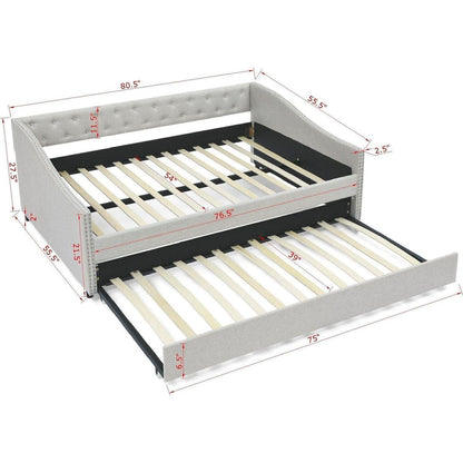 Full Size Daybed with Twin Size Trundle Upholstered Tufted Sofa Bed, with Button on Back and Copper Nail on Waved Shape Arms,Beige (80.5"x55.5"x27.5")