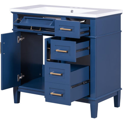 36-inch Bathroom Vanity with Resin Sink, Modern Bathroom Cabinet in Blue, Featuring Two Soft Close Doors and Four Drawers