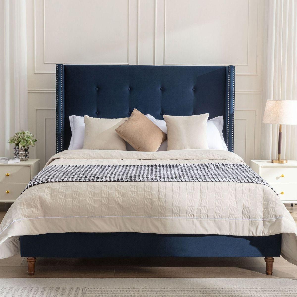 Upholstered King Bed / 54" High Headboard / Traditional Hand Buttoned Tufting / Nailhead Trim Wingback / No Box Spring Needed / Easy Assembly / Blue Velvet
