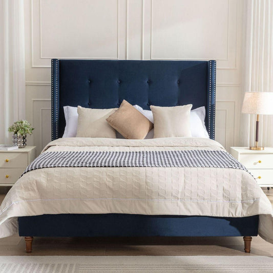 Upholstered King Bed / 54" High Headboard / Traditional Hand Buttoned Tufting / Nailhead Trim Wingback / No Box Spring Needed / Easy Assembly / Blue Velvet