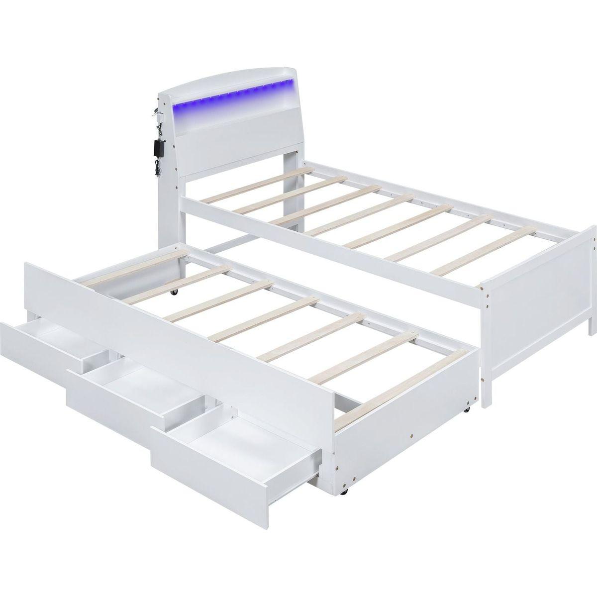 Twin Size Platform Bed with Storage LED Headboard, Twin Size Trundle and 3 Drawers, White