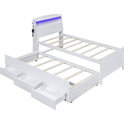 Twin Size Platform Bed with Storage LED Headboard, Twin Size Trundle and 3 Drawers, White